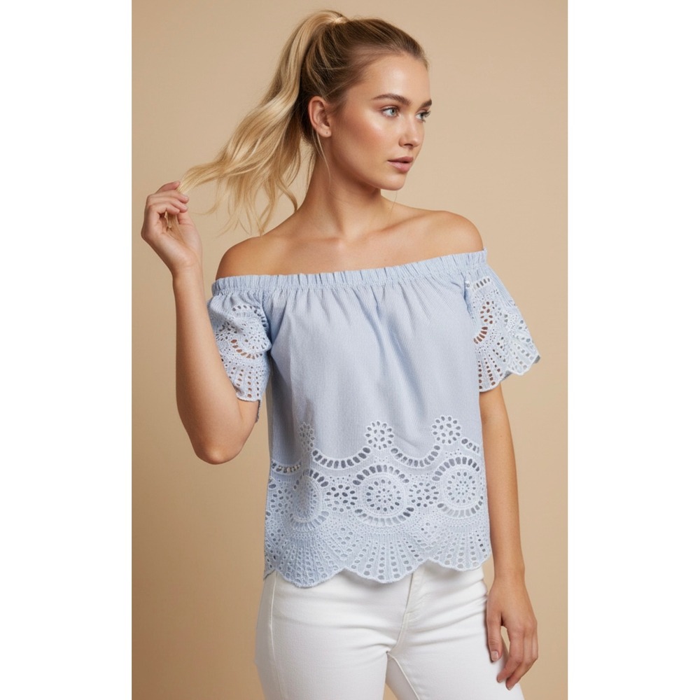 Blue White Pinstripe Eyelet Lace Off The Shoulder Top Size Small Summer Coastal